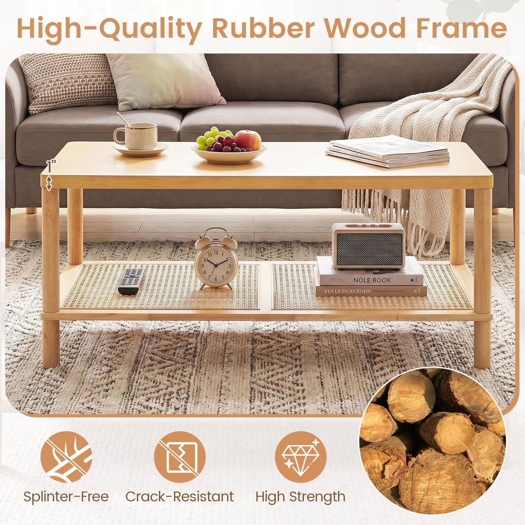 Giantex Rattan Coffee Table with Rubber Wood Frame &amp; PVC Rattan Storage Shelf