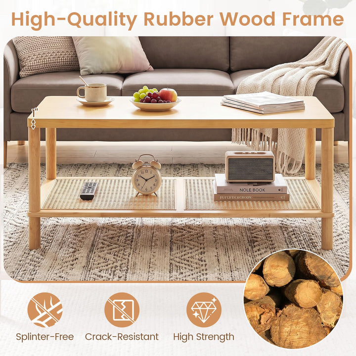 Giantex Rattan Coffee Table with Rubber Wood Frame &amp; PVC Rattan Storage Shelf