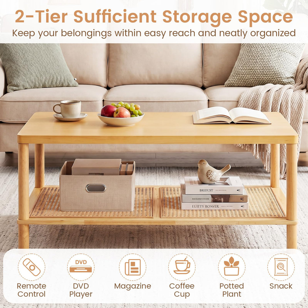 Giantex Rattan Coffee Table with Rubber Wood Frame &amp; PVC Rattan Storage Shelf