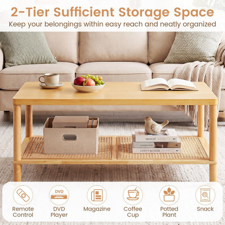 Giantex Rattan Coffee Table with Rubber Wood Frame &amp; PVC Rattan Storage Shelf