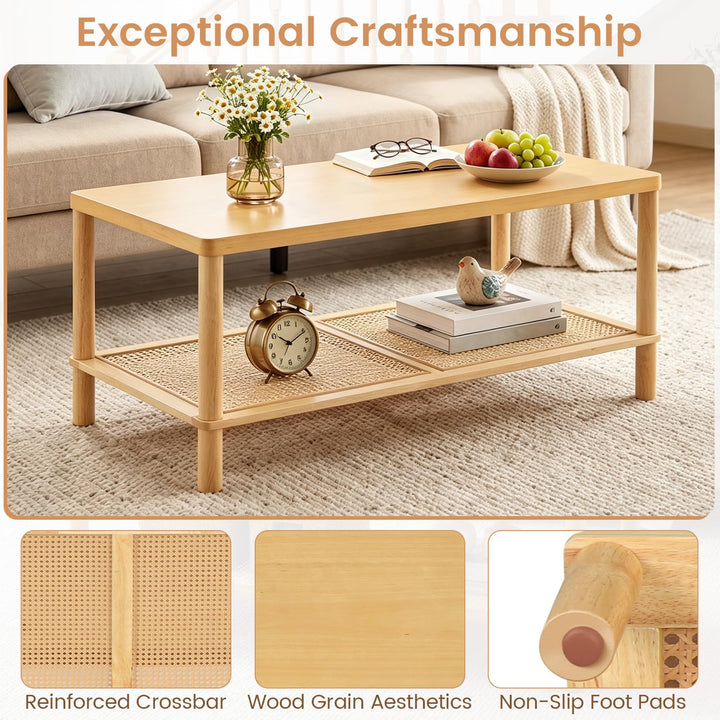 Giantex Rattan Coffee Table with Rubber Wood Frame &amp; PVC Rattan Storage Shelf