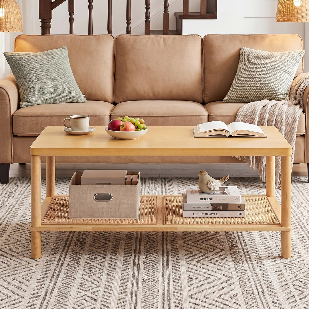 Giantex Rattan Coffee Table with Rubber Wood Frame &amp; PVC Rattan Storage Shelf