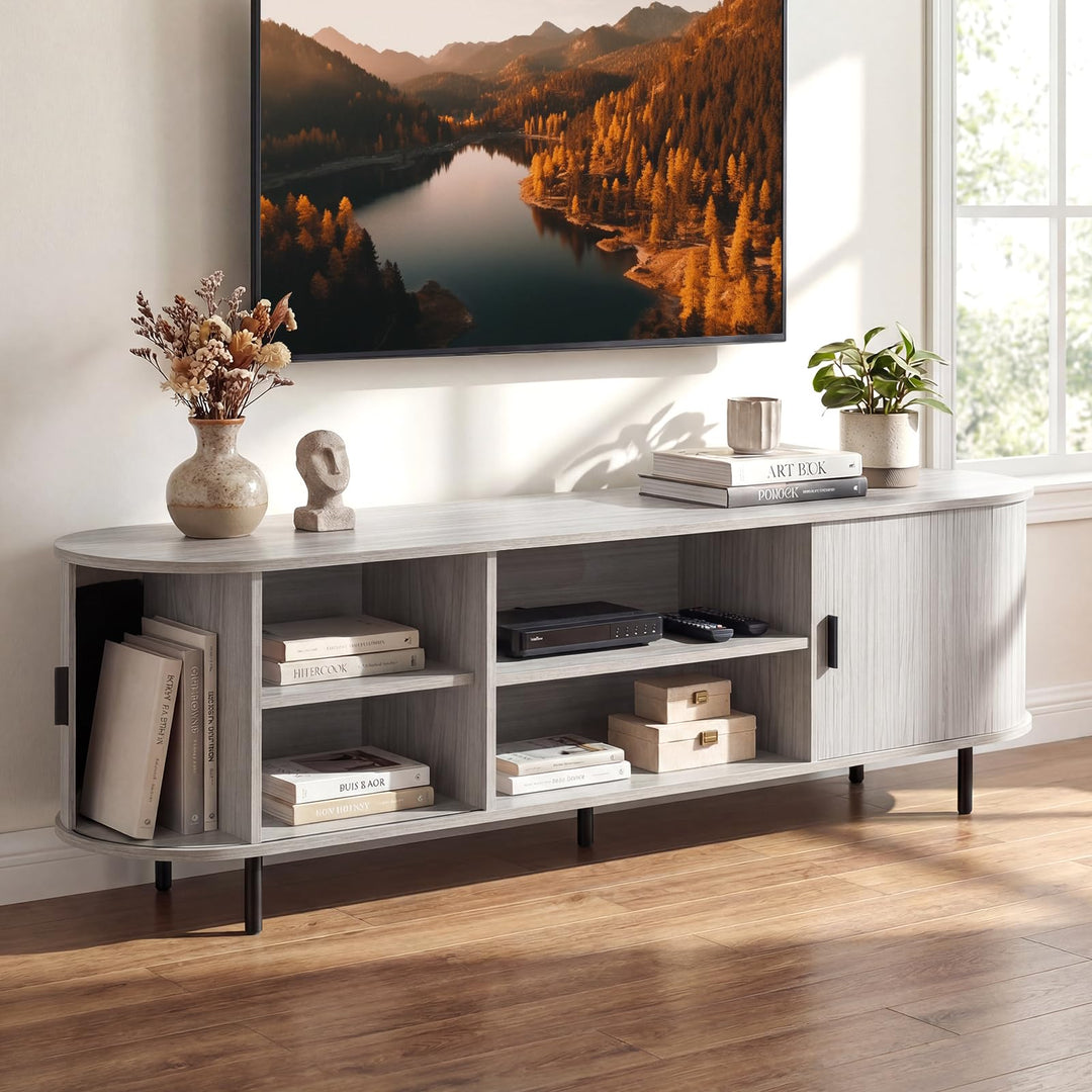 Giantex Fluted TV Stand for 80" TVs with Fluted Sliding Doors &amp; Open Shelves