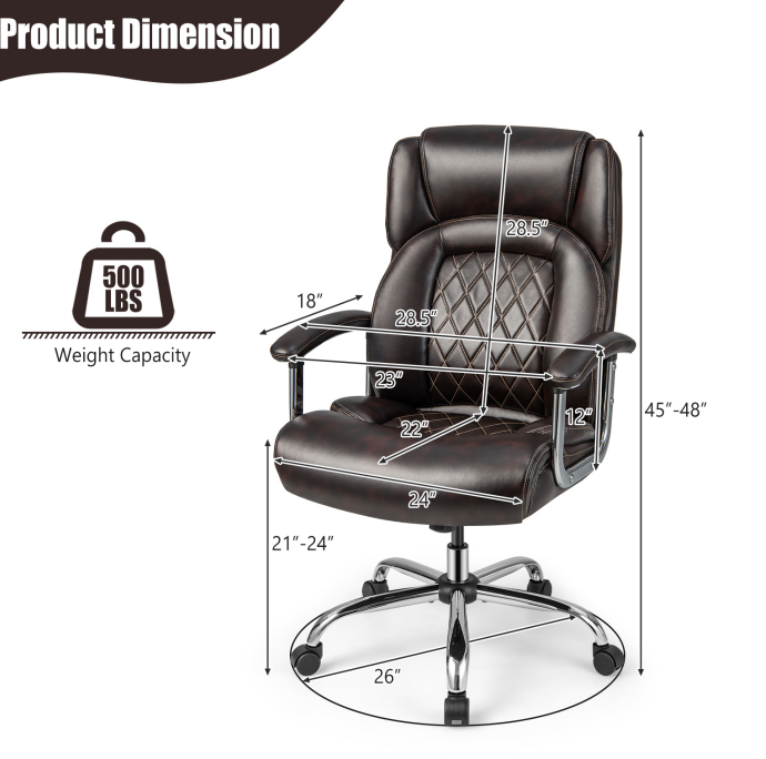 500 LBS Leather Office Chair, Height Adjustable Big and Tall Executive Chair