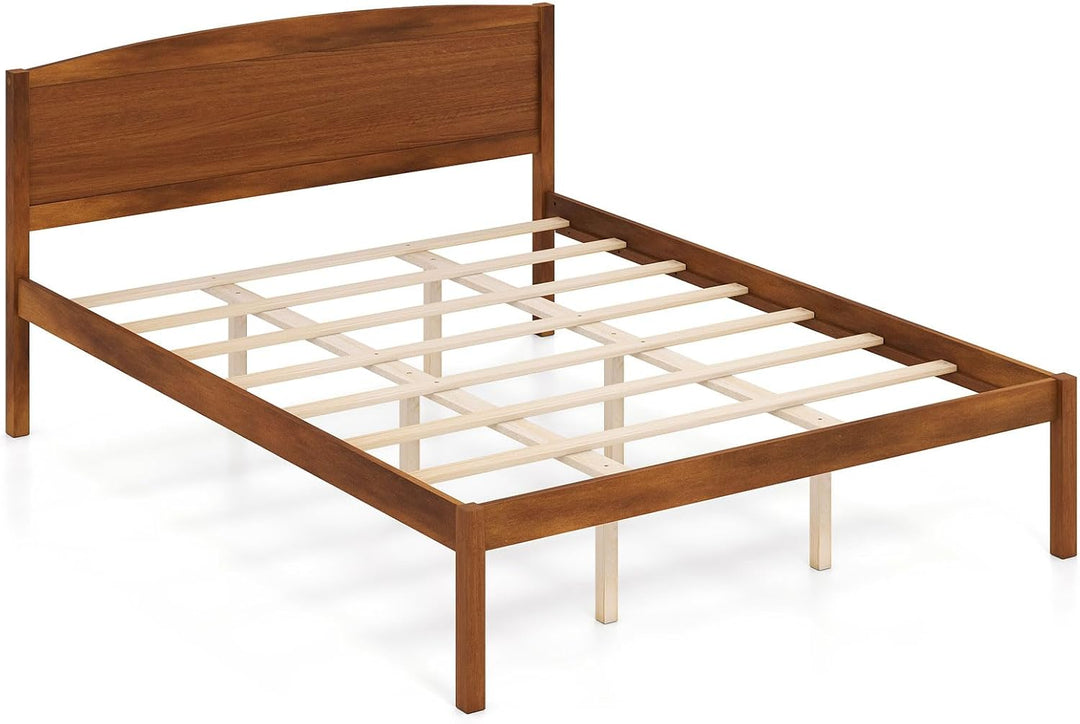 GIANTEX Wooden Bed Frame with Curved Headboard, Wood Slat Support | Farmhouse Platform Bed w/Heavy Duty Mattress Foundation