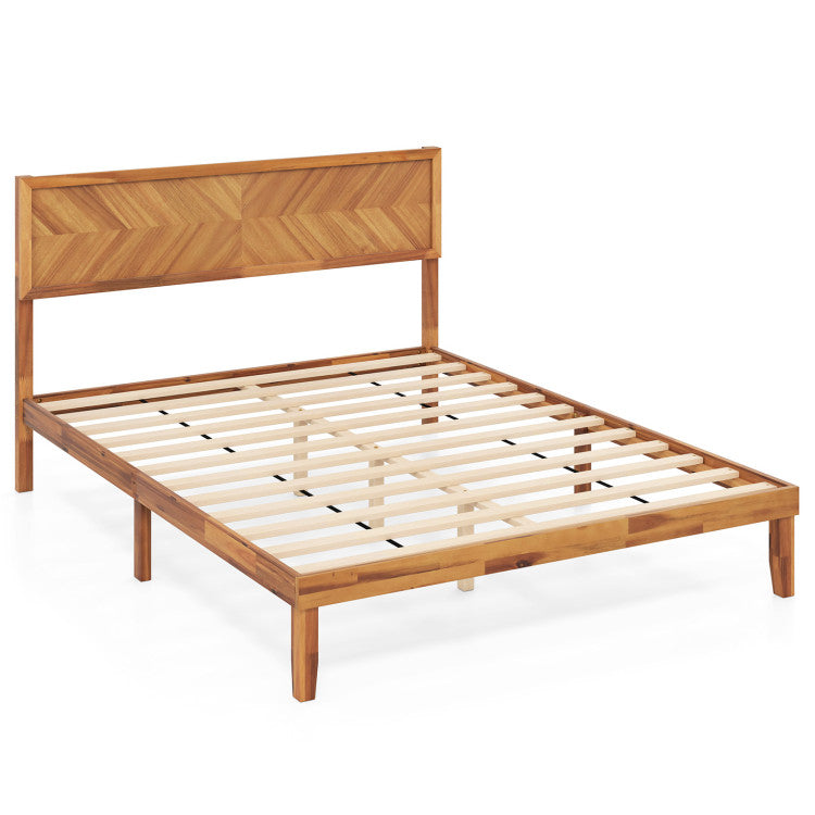 Giantex Wood Twin Bed/Full Size Bed/Queen Bed Frames with Headboard, Solid Acacia Wood Platform Bed with 12 Strong Wooden Slat Support