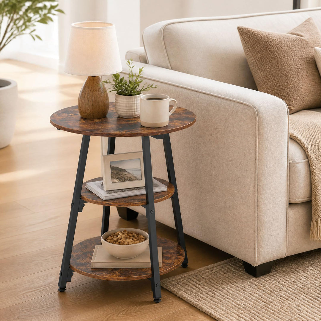 GIANTEX 3-Tier Round Industrial Side Table with Storage Shelves (1/2)