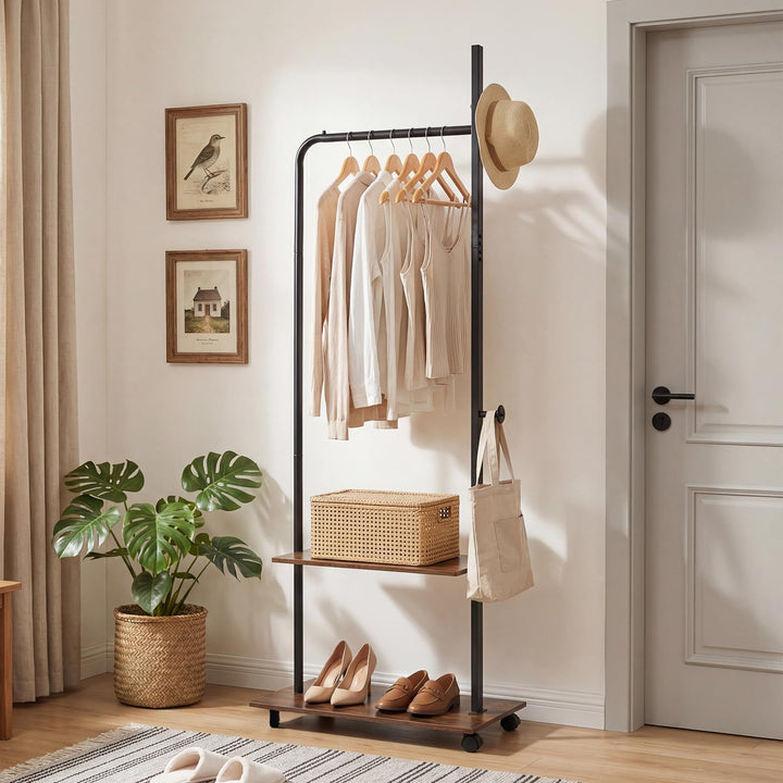 Giantex 69" Freestanding Clothes Rack with Wheels with Hanging Rod 2 Storage Shelves &amp; Side Hooks
