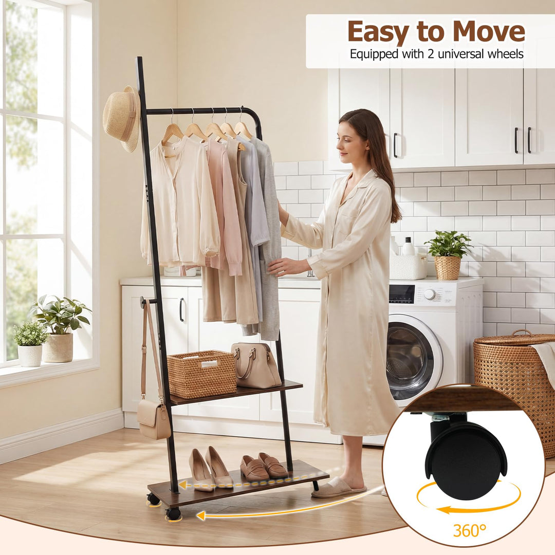 Giantex 69" Freestanding Clothes Rack with Wheels with Hanging Rod 2 Storage Shelves &amp; Side Hooks
