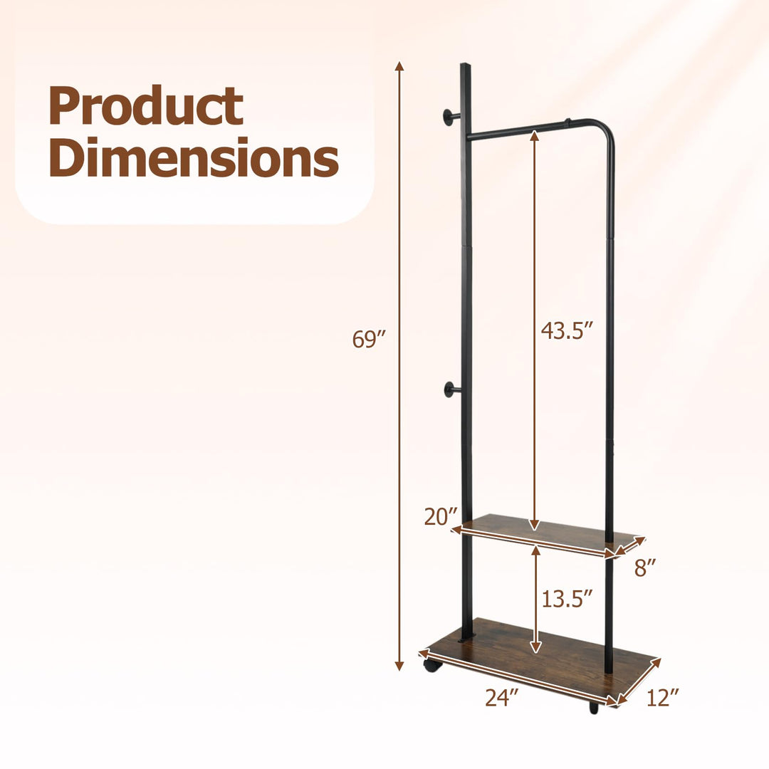 Giantex 69" Freestanding Clothes Rack with Wheels with Hanging Rod 2 Storage Shelves &amp; Side Hooks