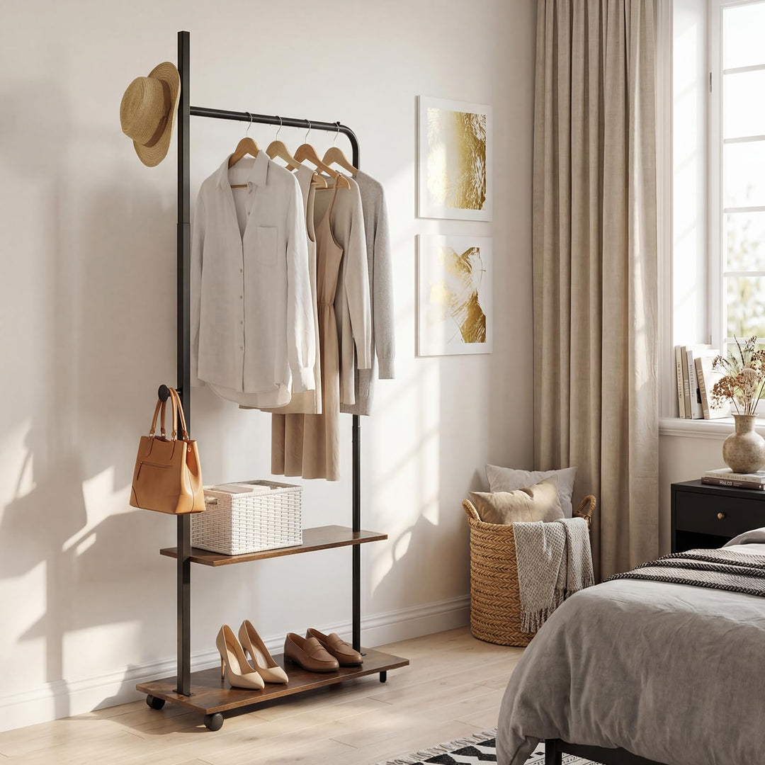 Giantex 69" Freestanding Clothes Rack with Wheels with Hanging Rod 2 Storage Shelves &amp; Side Hooks