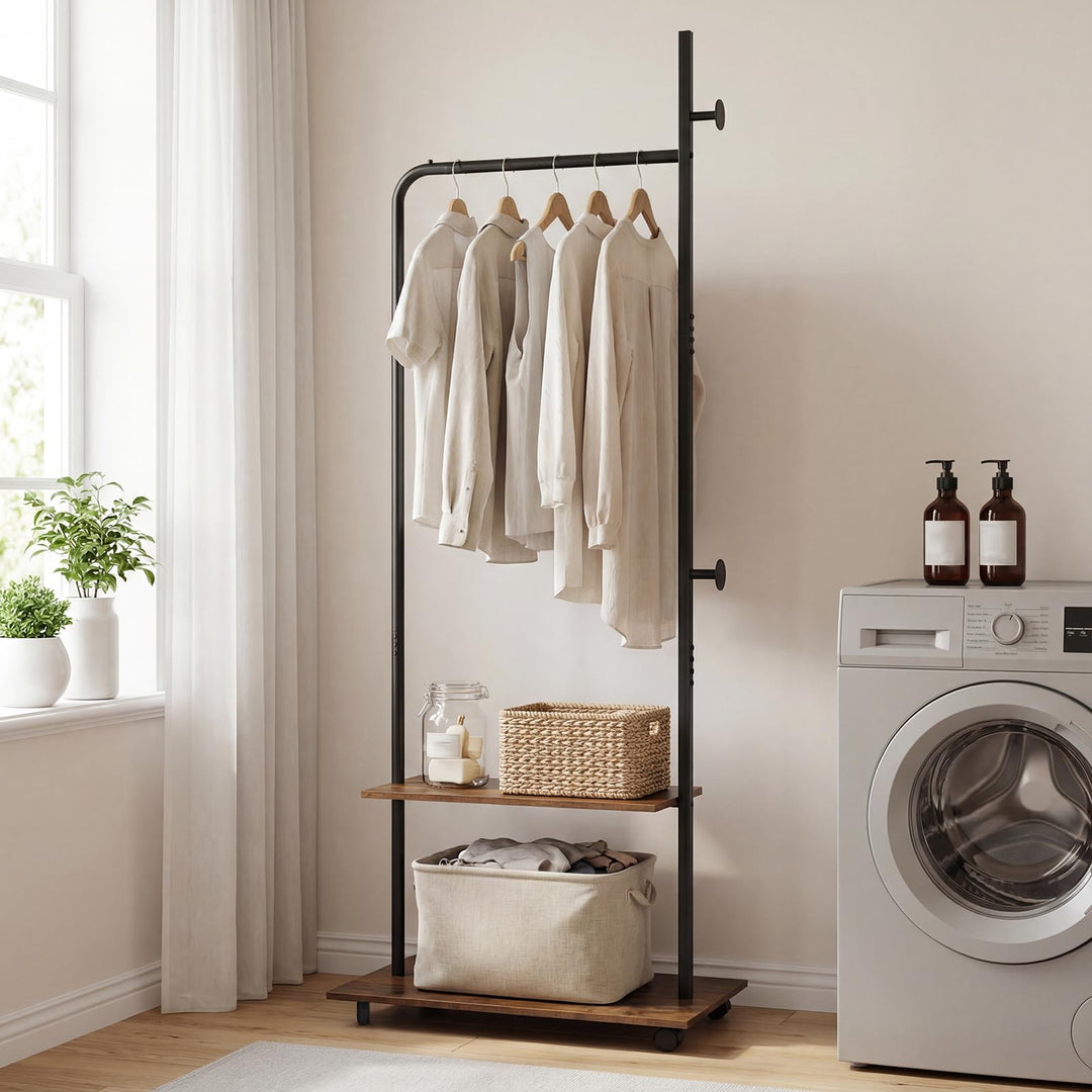 Giantex 69" Freestanding Clothes Rack with Wheels with Hanging Rod 2 Storage Shelves &amp; Side Hooks