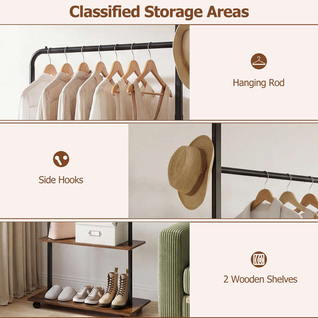 Giantex 69" Freestanding Clothes Rack with Wheels with Hanging Rod 2 Storage Shelves &amp; Side Hooks