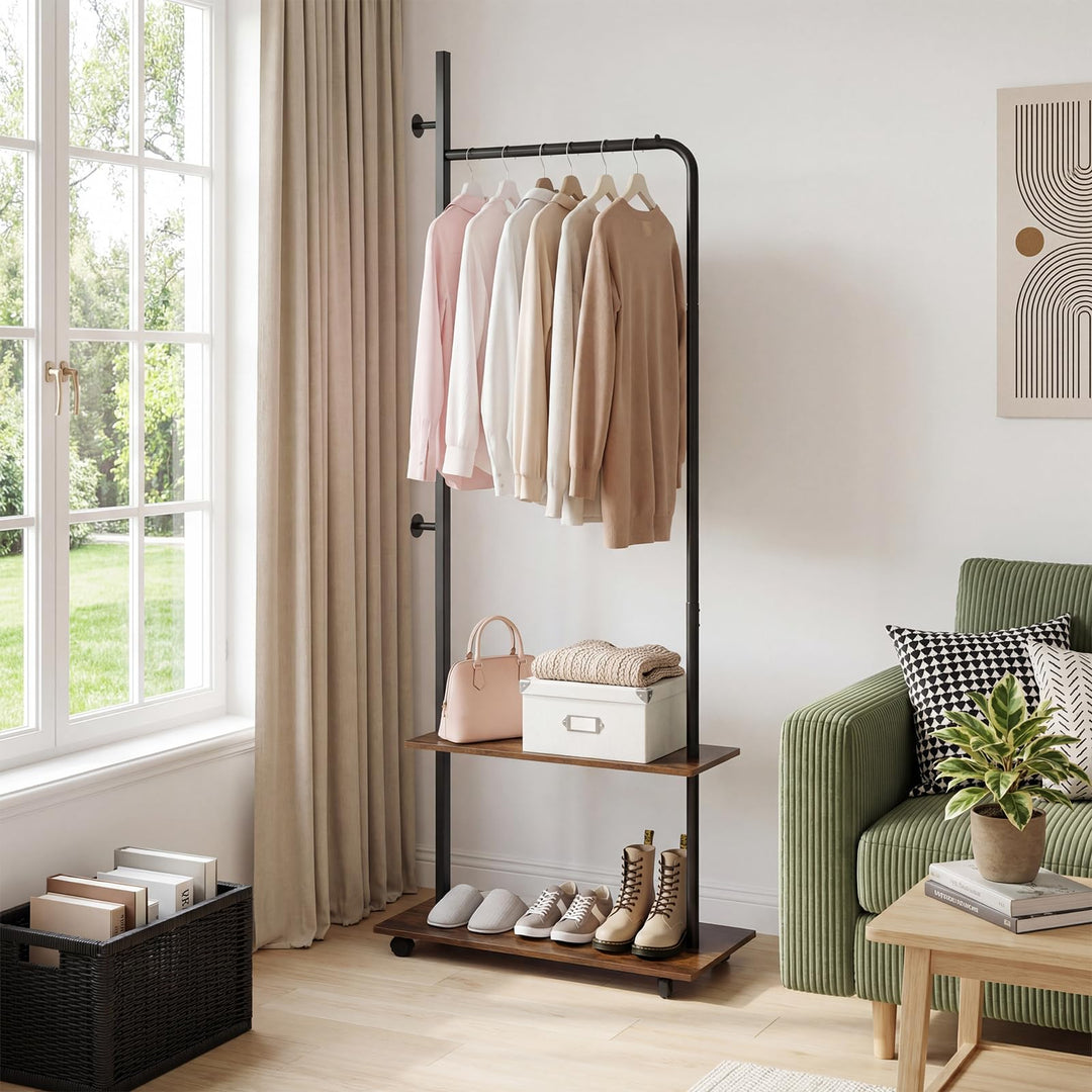Giantex 69" Freestanding Clothes Rack with Wheels with Hanging Rod 2 Storage Shelves &amp; Side Hooks
