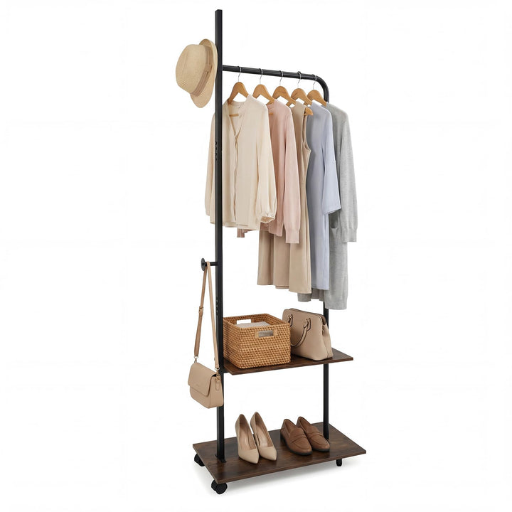 Giantex 69" Freestanding Clothes Rack with Wheels with Hanging Rod 2 Storage Shelves &amp; Side Hooks