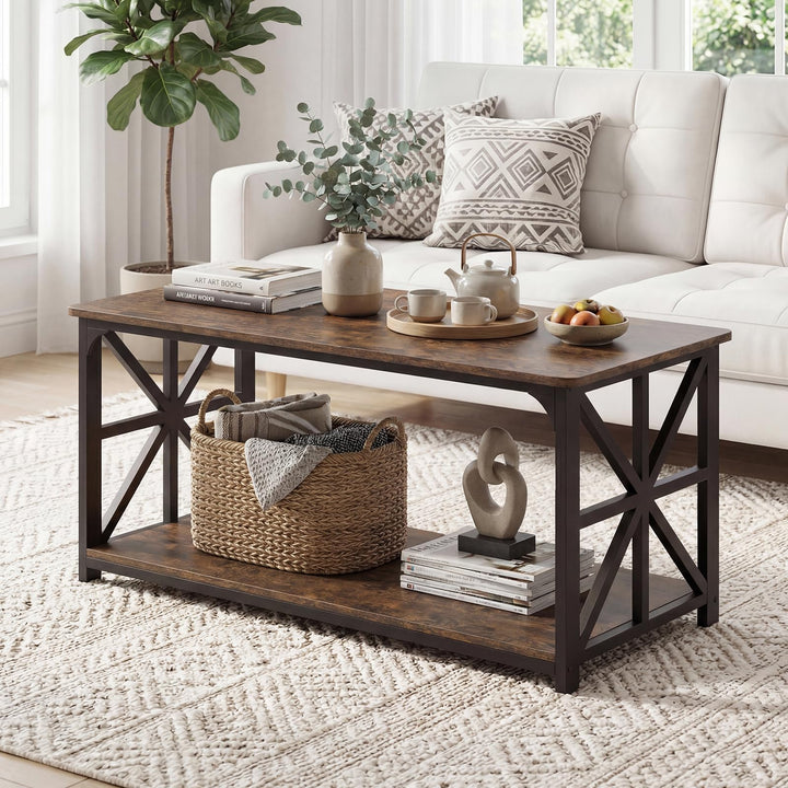 Giantex 43" Farmhouse Coffee Table with Storage &amp; X-Shaped Frames