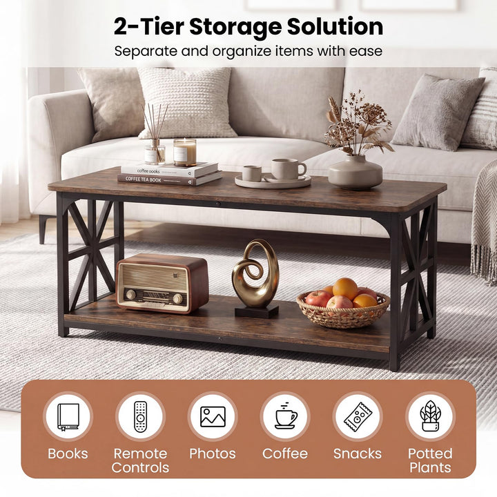 Giantex 43" Farmhouse Coffee Table with Storage &amp; X-Shaped Frames