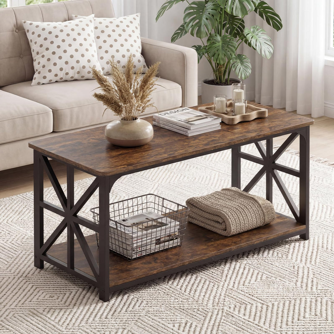 Giantex 43" Farmhouse Coffee Table with Storage &amp; X-Shaped Frames