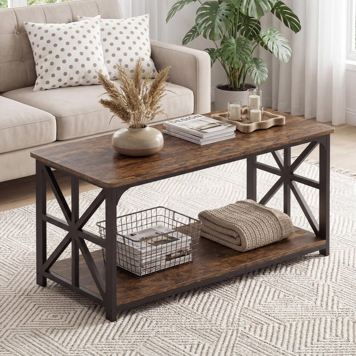 Giantex 43" Farmhouse Coffee Table with Storage &amp; X-Shaped Frames