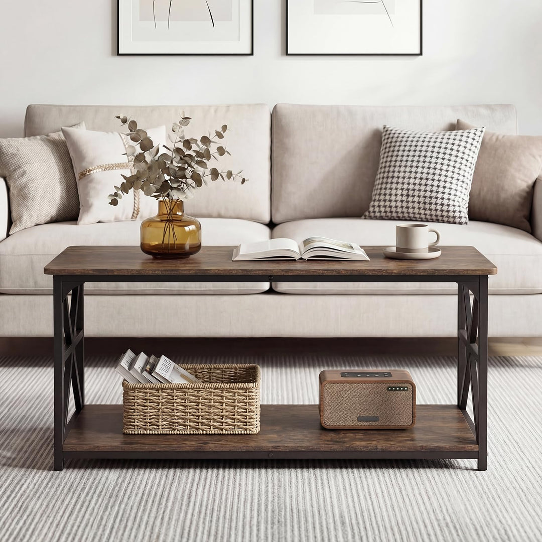 Giantex 43" Farmhouse Coffee Table with Storage &amp; X-Shaped Frames
