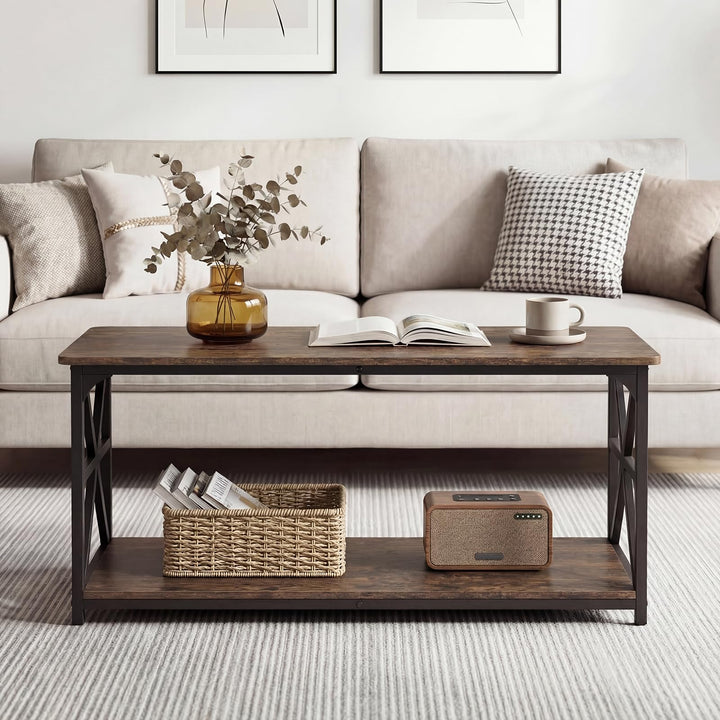 Giantex 43" Farmhouse Coffee Table with Storage &amp; X-Shaped Frames