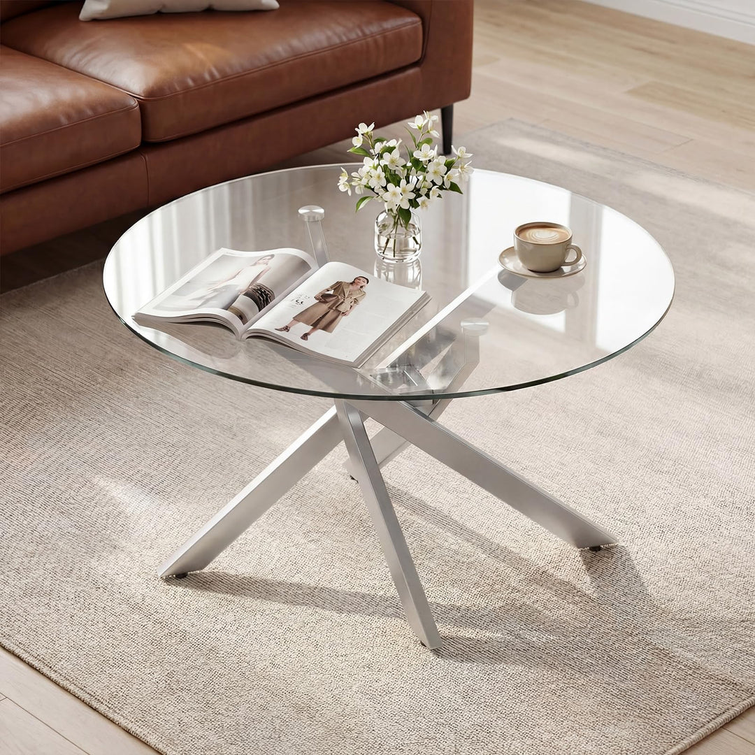 Giantex 31.5" Round Glass Coffee Table with Tempered Glass Top &amp; Geometric Metal Frame