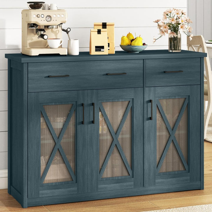 Giantex 47" Farmhouse Buffet Cabinet w/Fluted Glass Doors 2 Drawers &amp; Adjustable Shelves