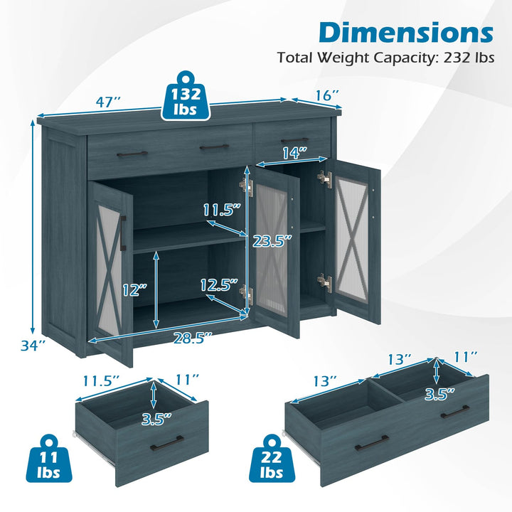 Giantex 47" Farmhouse Buffet Cabinet w/Fluted Glass Doors 2 Drawers &amp; Adjustable Shelves