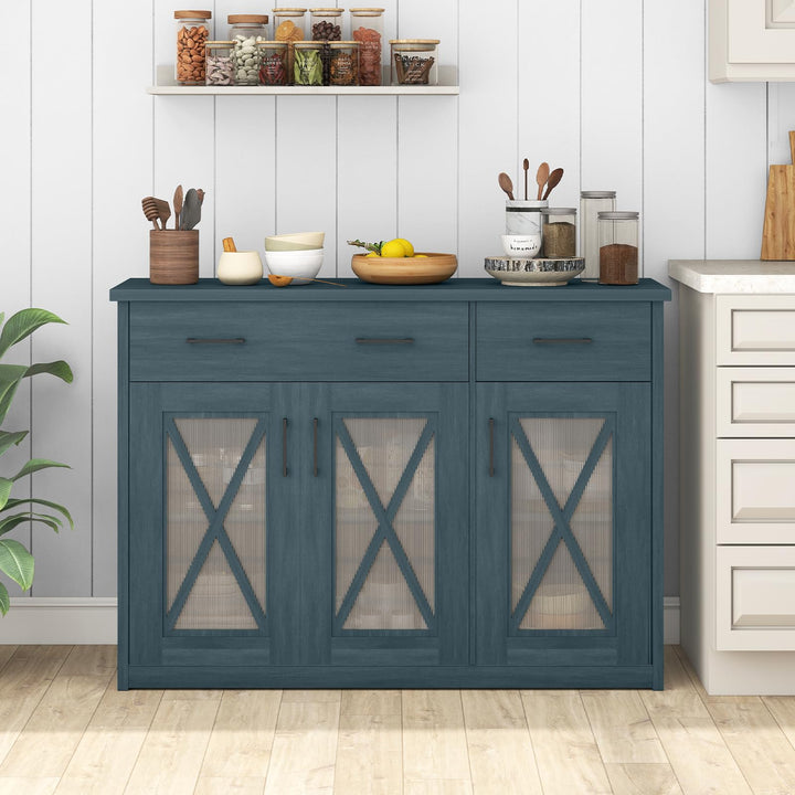 Giantex 47" Farmhouse Buffet Cabinet w/Fluted Glass Doors 2 Drawers &amp; Adjustable Shelves