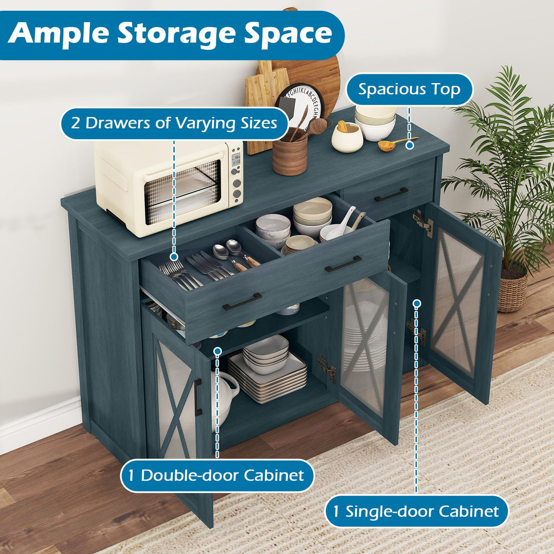 Giantex 47" Farmhouse Buffet Cabinet w/Fluted Glass Doors 2 Drawers &amp; Adjustable Shelves