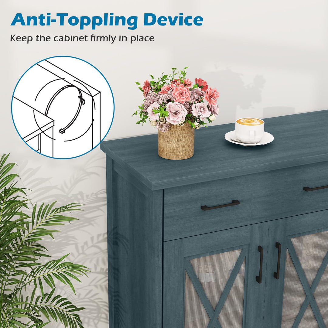 Giantex 47" Farmhouse Buffet Cabinet w/Fluted Glass Doors 2 Drawers &amp; Adjustable Shelves