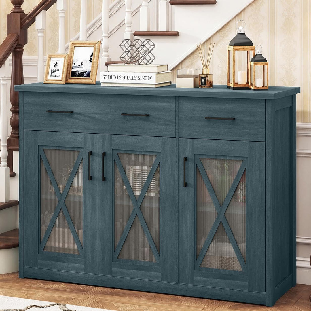 Giantex 47" Farmhouse Buffet Cabinet w/Fluted Glass Doors 2 Drawers &amp; Adjustable Shelves