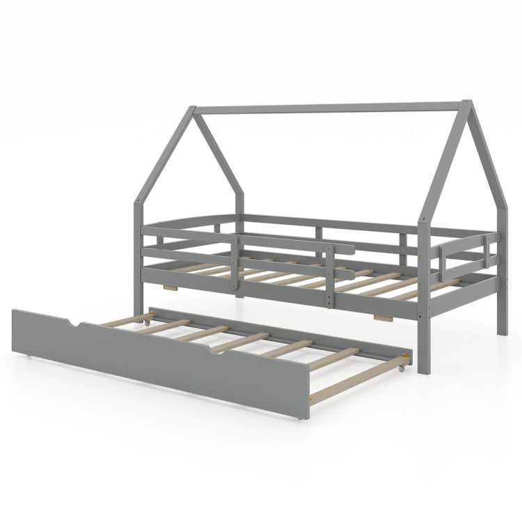Giantex Twin House Bed with Trundle, Wood Kids Bed Frame with Roof &amp; Fence Rails