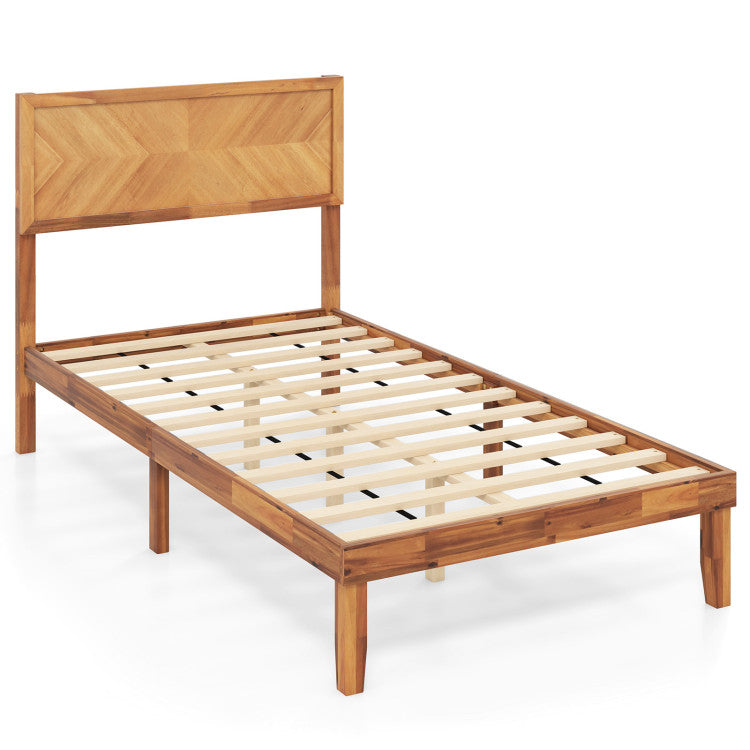 Giantex Wood Twin Bed/Full Size Bed/Queen Bed Frames with Headboard, Solid Acacia Wood Platform Bed with 12 Strong Wooden Slat Support