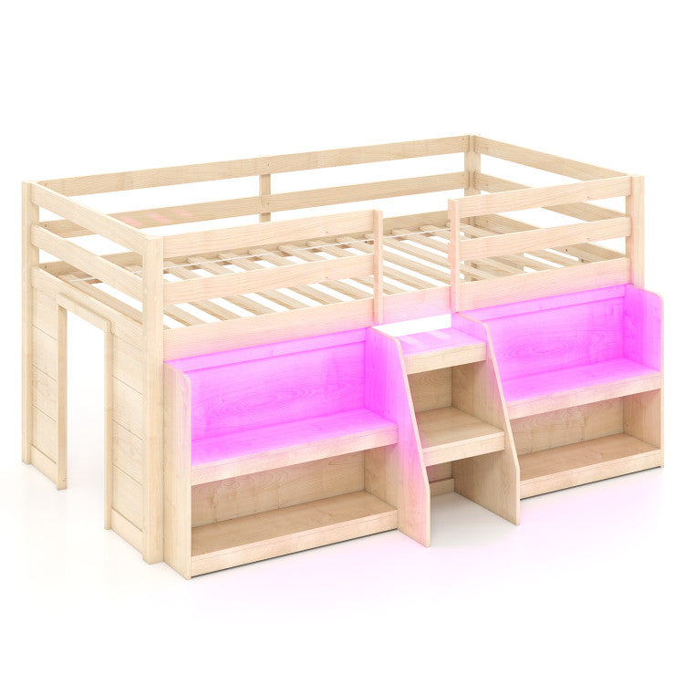 Giantex Low Loft Bed with LED Lights, Wooden Twin Loft Bed with Stairs & Safety Guardrail