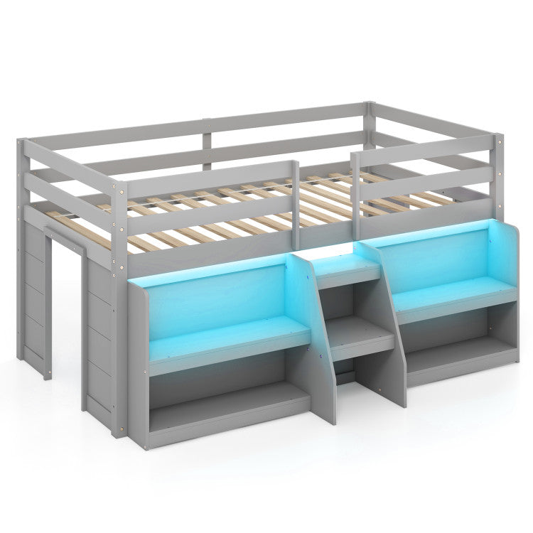 Giantex Low Loft Bed with LED Lights, Wooden Twin Loft Bed with Stairs & Safety Guardrail