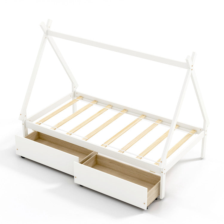 Giantex Twin Bed Frame with 2 Storage Drawers, Wood House Tent Platform Bed Frame with Triangle Structure