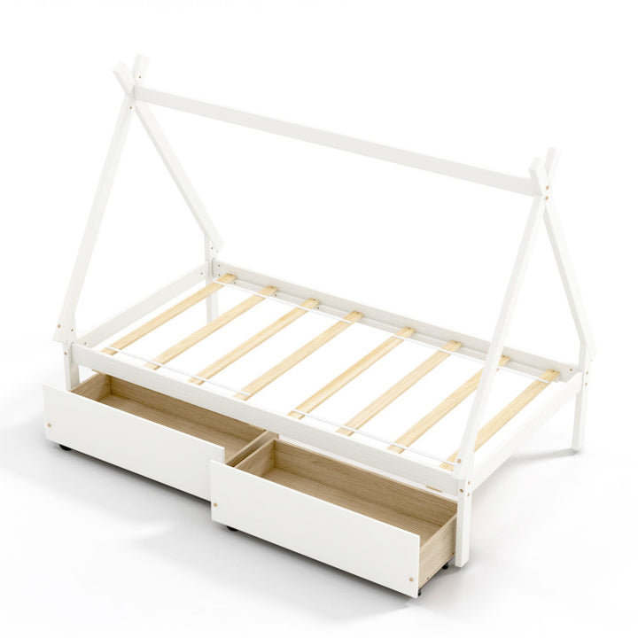 Giantex Twin Bed Frame with 2 Storage Drawers, Wood House Tent Platform Bed Frame with Triangle Structure