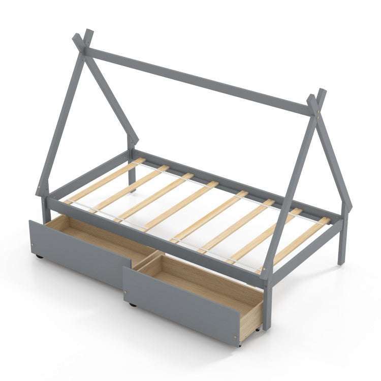 Giantex Twin Bed Frame with 2 Storage Drawers, Wood House Tent Platform Bed Frame with Triangle Structure
