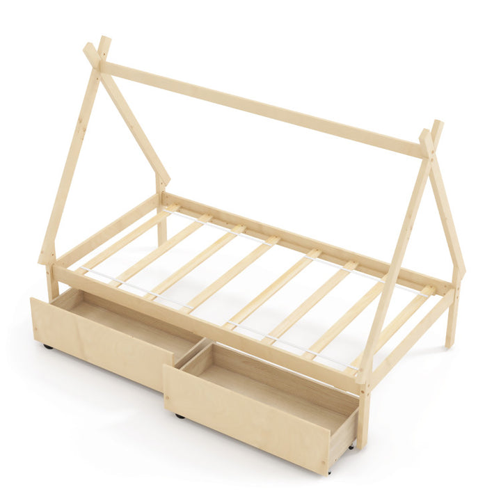 Giantex Twin Bed Frame with 2 Storage Drawers, Wood House Tent Platform Bed Frame with Triangle Structure