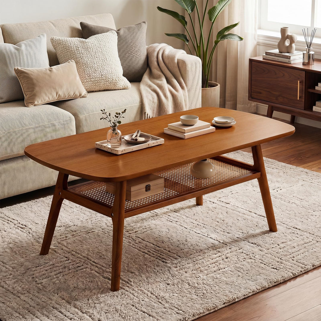 Giantex Rattan Coffee Table with Storage &amp; Solid Rubber Wood Legs