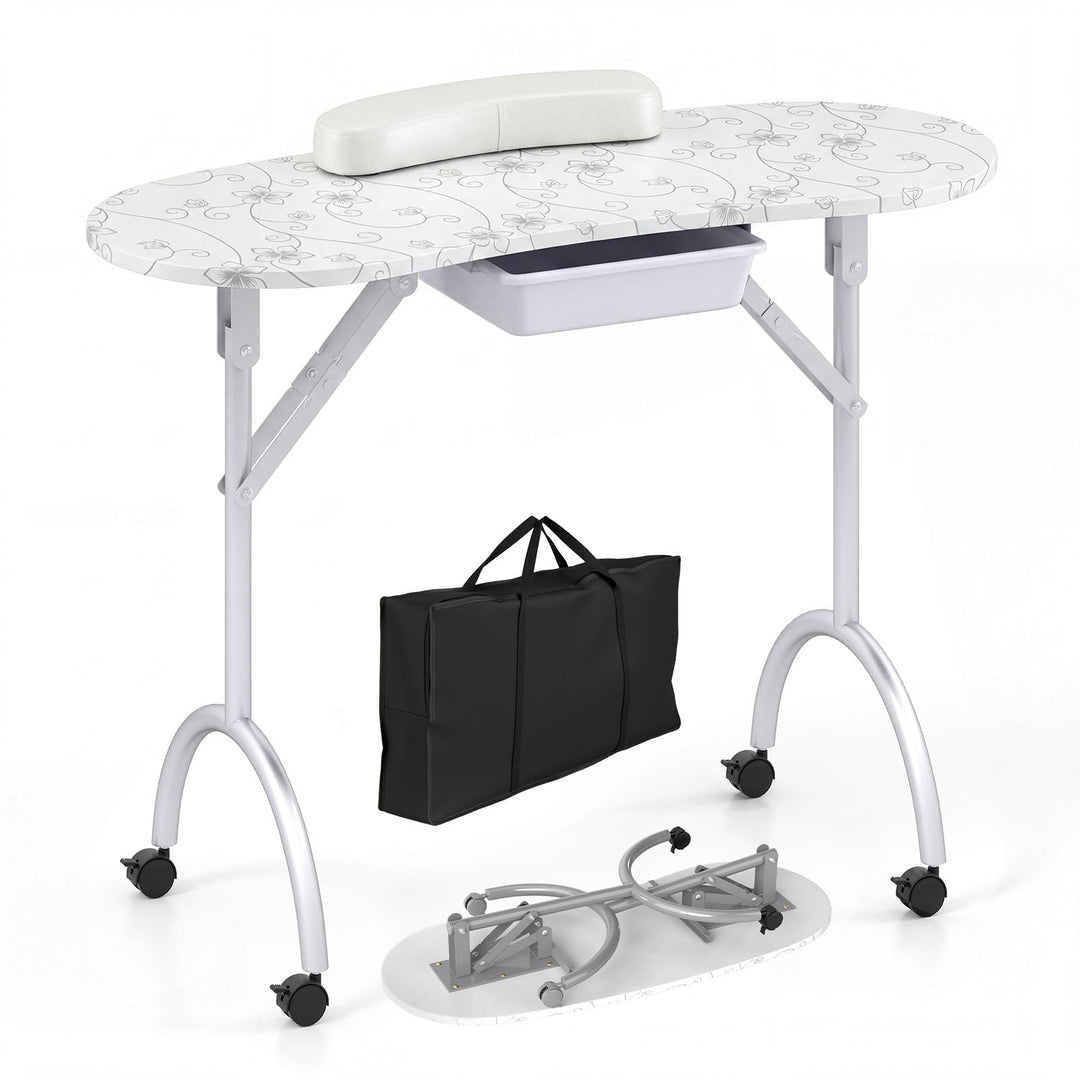 Foldable Nail Table Workstation with Lockable Wheels