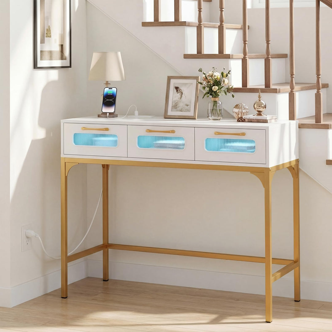 Giantex 35.5" Gold Console Table with Charging Station &amp; 3 Drawers