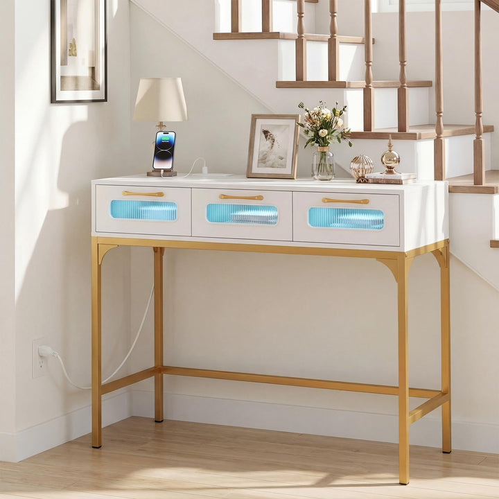 Giantex 35.5" Gold Console Table with Charging Station &amp; 3 Drawers