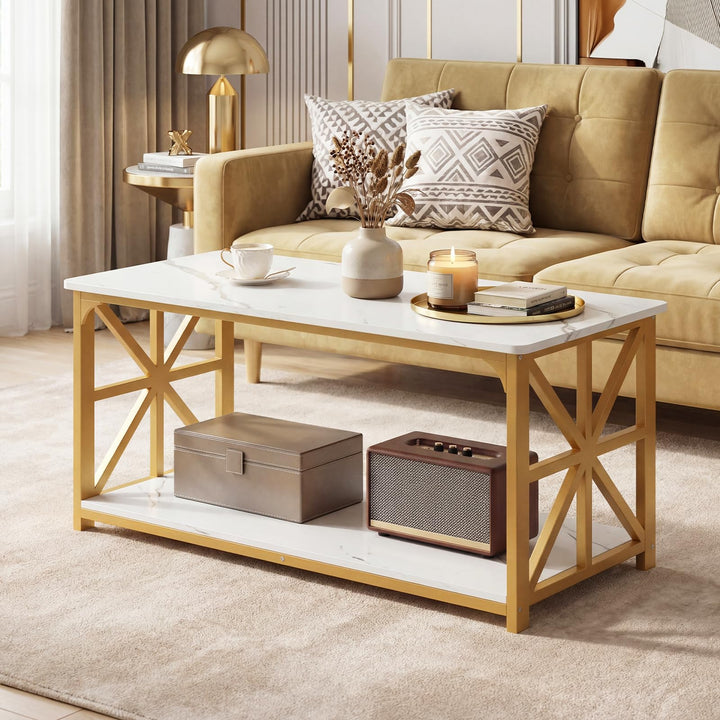 Giantex 43" Farmhouse Coffee Table with Storage &amp; X-Shaped Frames