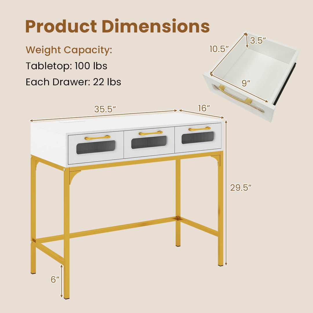 Giantex 35.5" Gold Console Table with Charging Station &amp; 3 Drawers