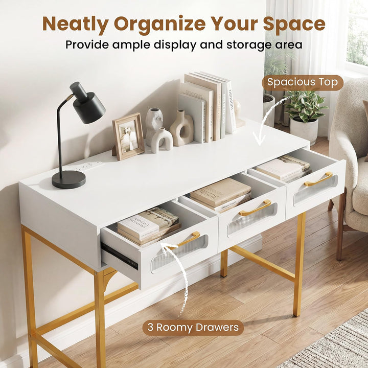 Giantex 35.5" Gold Console Table with Charging Station &amp; 3 Drawers