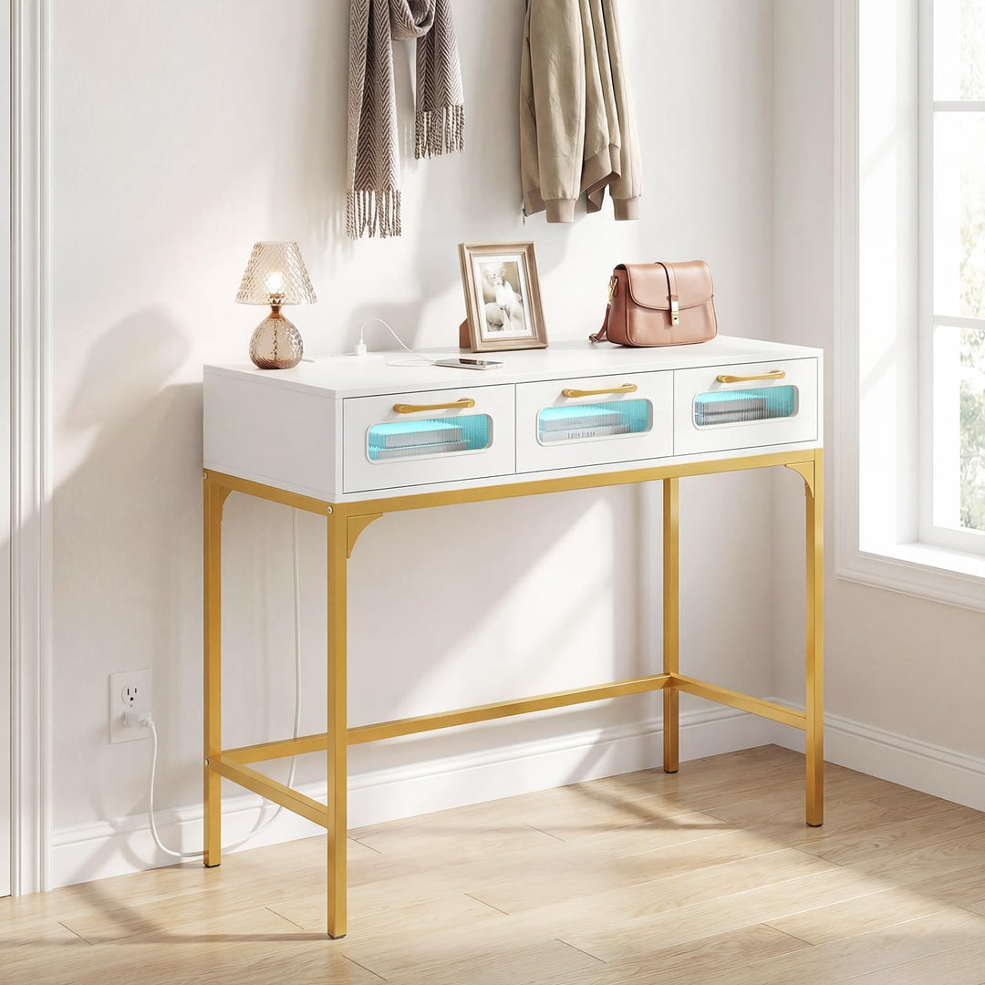 Giantex 35.5" Gold Console Table with Charging Station &amp; 3 Drawers