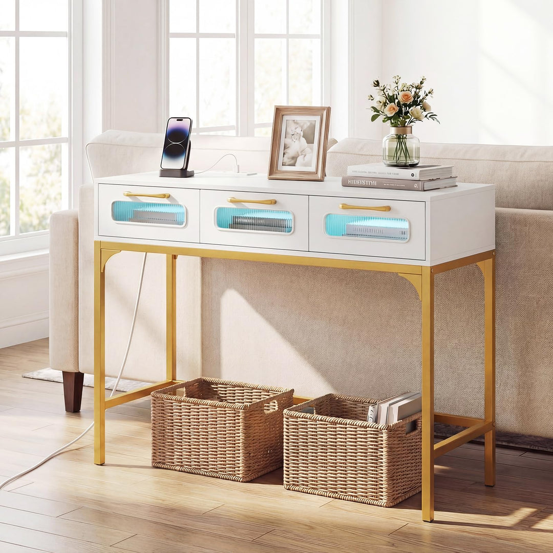 Giantex 35.5" Gold Console Table with Charging Station &amp; 3 Drawers