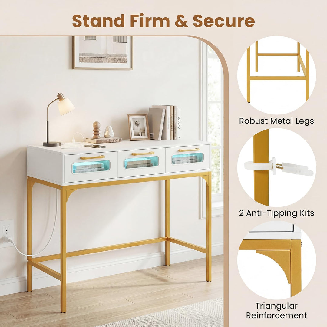 Giantex 35.5" Gold Console Table with Charging Station &amp; 3 Drawers